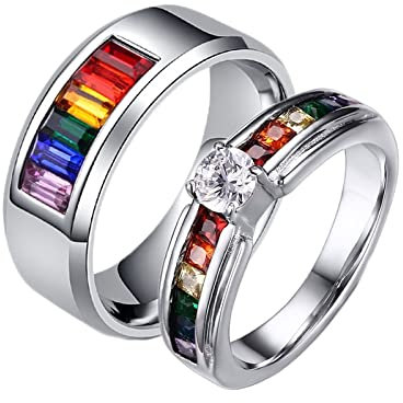 Homxi Engraved Ring Couple Wedding Band Ring for Couples,Anniversary Ring Stainless Steel 4/6MM Silver Ring with Round Cubic Zirconia Rings for Couples Size Women T 1/2 + Men T 1/2