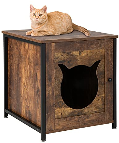 GOPLUS Katzenschrank für Katzentoilette, Kleines Katzenhaus mit Einzeltür, Katzenförmigem Eingang & Belüftungslöchern, Industrieller Beistelltisch mit Metallgestell, 50 × 53 × 55cm, Braun