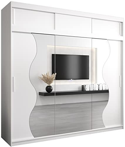 KRYSPOL Schwebetürenschrank Madryt 250 cm mit Spiegel Kleiderschrank mit Kleiderstange und Einlegeboden Schlafzimmer- Wohnzimmerschrank Schiebetüren Modern Design (Weiß mit Erweiterung)