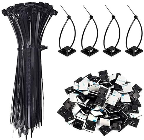 100 Stück Kabelbinder Set, Schwarz Kabelbinder, Kabelbinder 150mm x2.5mm, Kabelbinder Wiederverschließbar, Kabel Binder Set und 100 Klebesockel, für Haushalt, Gartenbau, Schwarz