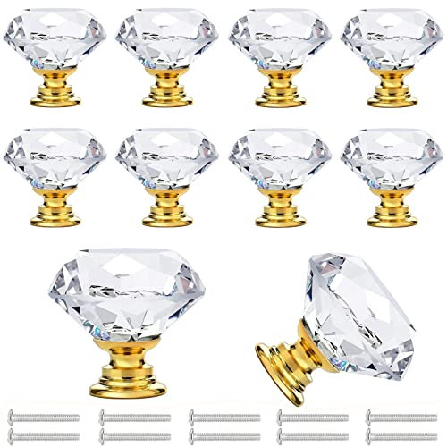 QMAHA 10er Kristall Schublade Köpfe, Kristall Schubladenknöpfe Möbelknöpfe, Glas Schrankknöpfe Schrank Kleiderschrank Griff Knöpfe für Schrank Kmmodenknöpfe - Klare Diamant + Chrombasis φ30mm