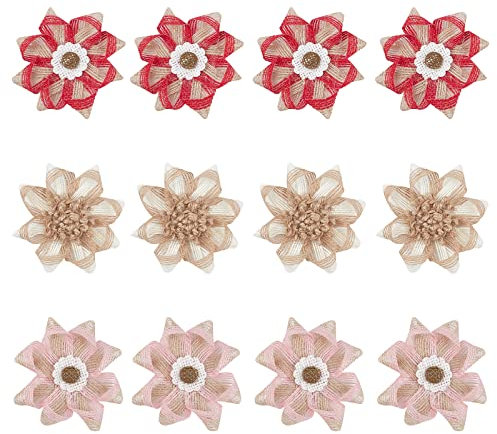 GORGECRAFT 12St Natürliche Sackleinen-Blumen Handgemachte Sackleinen-Blumen-Set Geflochtene Jute-Blumen-Ornament-Zubehör Gold Rot Rosa Blumen Für Weihnachtsbaum-Hochzeits-Dekoration Blumenhandwerk