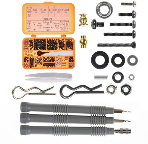 RampCrab Button Head Screws Kit for SCX24 AX24 RC Car, 372Pcs, Come with Tools, Hardened Steel Grade 12.9 Screws, Bearing & Screws with Box for 1/24 RC Car SCX24 C10 Deadbolt JLU Gladiator Bronco