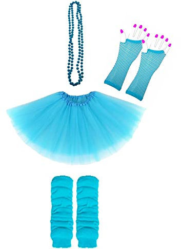 Lizzy Neon Colour Leg Warmers + Fishnet Gloves + 3Layer Tutu + Beads Necklace | 80s Neon Teen Fancy Dress Dance ware Hen Party Tutu Accessory (Light Blue, Older Girls)