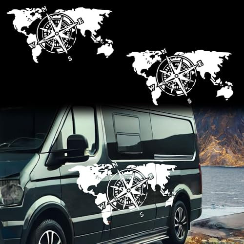 Aufkleber Weltkarte Kompass Deko – Set Aufkleber Van Life Camping – Aufkleber Auto Motorrad Camping – Aufkleber Kompass Camping Van – 2 Stück (100 x 53 cm, weiß)