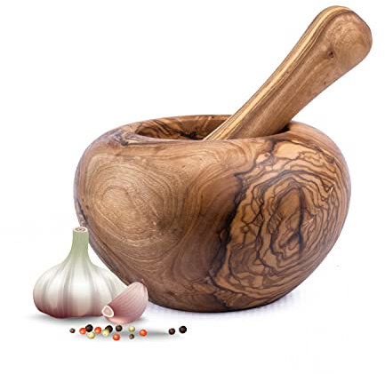 Mortier avec pilon en bois d'olivier - Fait main avec bord naturel - Mortier de cuisine en bois - Mortier durable pour herbes et épices (Ø 12 cm)