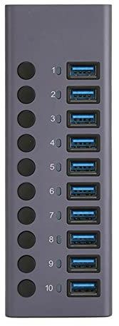 COncentrador USB con Alimentación, Aleación de Aluminio 10 Puertos Concentrador USB 3.0 Concentrador de Puerto USB de Seguridad, Transmisión de 5 Gbps Concentrador USB de Interruptor Individual(EU)