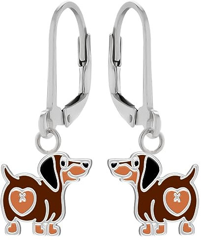 LOVE YOUR CITY Ohrringe, Ohrhänger kleiner Hund, Dackel mit Herz. Perfekte Geschenke für Mädchen, Kinder. Hochwertiger Kinderschmuck aus Sterling Silber mit Emaille.