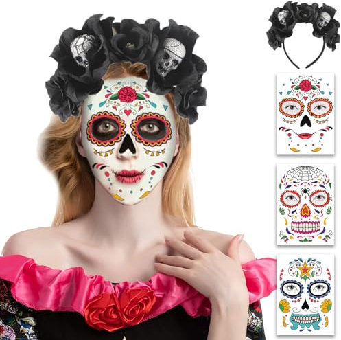 Ctxtqtdt Dia de Los Muertos Haarreif mit Gesicht Tattoos, Tag der Toten Haarschmuck, Halloween Haarschmuck Damen, Blumen Haarband für Halloween Karneval Fasching Mottoparty (Schwarz)