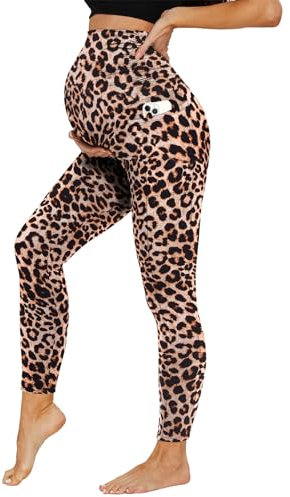 DDOBB Damen Umstandsleggings mit Taschen High Waist Umstandshose Blickdichte Schwangerschaftsleggings Weich Elastisch Umstandsmode Zuhause Yoga Sport(Leopard, XXL)
