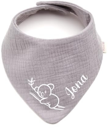 Personalisiertes Dreieckshalstuch aus Baumwolle/Musselin | Koala mit Namen | Halstuch für Jungen, Mädchen | Viele Farben (Grau)