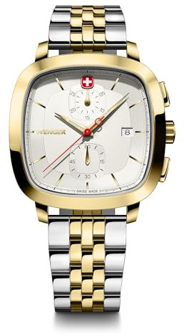 WENGER Herren Armbanduhr Vintage Classic Chrono Ø 40 mm, Swiss Made, Analog Quarz, Wasserdicht bis 50 m, Edelstahl-Armband, Silber/Gold, 01.1933.107