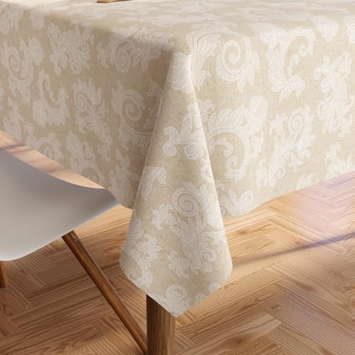 Encasa XO 8 to 10 Seater Tableau à Manger 145x300 cm (57x118 in) I Floral Beige Jacquard Style Imprimé sur Chambray Homespun Cotton I pour Les réunions de Famille, Parties I Lavable
