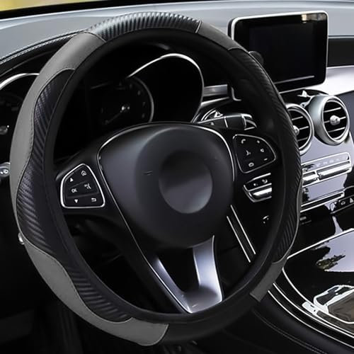 LMYDIDO Funda de cuero para volante de coche, antideslizante, transpirable, fibra de carbono, banda elástica deportiva, sin anillo interior, tamaño universal 37-39 cm (gris)