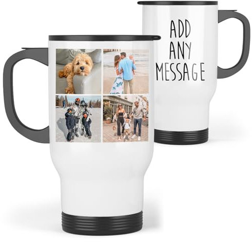 Personalised Photo Travel Mug | Photo Collage Travel Mug | Add 4 Photos & A Message | Custom Travel Cup, Custom Travel Mug | Picture Travel Mug With Handle