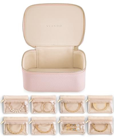 Vlando Travel Jewellery Case,Jewellery Organiser with 8 Jewellery Pouch,PU Leather Jewellery Box for Necklace,Ring,Bracelet,Watch, Gifts for Women, Pink-M