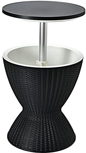 SPOTRAVEL 30L Ice Bucket Table, Height Adjustable Camping Cooler Box Drinks Storage Holder with Drain Plug, Outdoor Rattan Cocktail Table for Garden Patio Poolside Picnic Party (Black)
