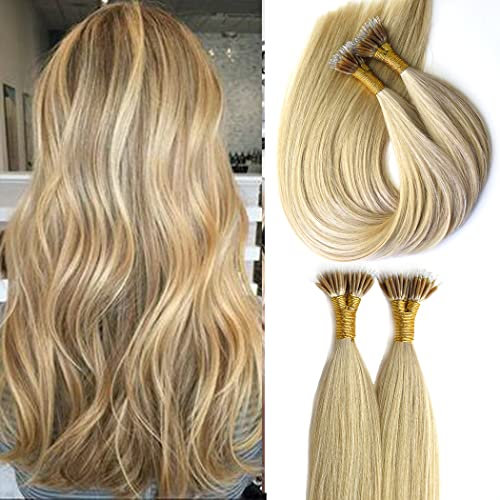 KOCONI 16 Inch Nano Ring Hair Extensions Real Human Hair Double Drawn Nano Beads Human Hair Extensions Nano Tip Hair Extensions Nano Rings Human Hair 50g 1g/Strand Ash Blonde With Light Blonde #P16/24