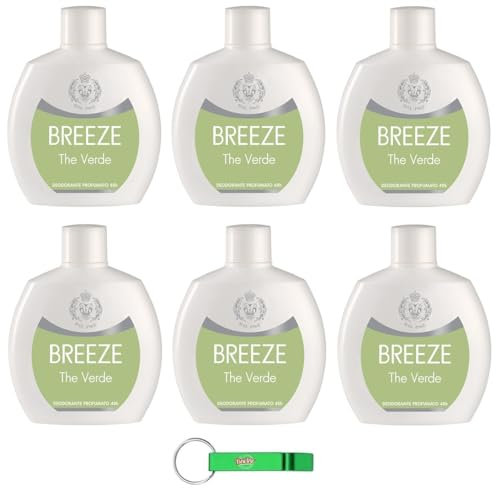 Breeze - 6 deodorante per tè verde, senza gas e senza sali di alluminio, 48 ore, deodorante profumato, 100 ml + portachiavi Beni Culinari