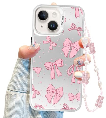 Jusy Coquette Bow Handyhülle für iPhone 13, niedliche rosa Schleifenschleife, ästhetische Hülle für Frauen und Mädchen – Pink