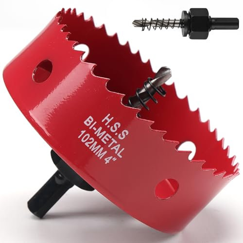 4 Inch Hole Saw for Wood, 102mm HSS BI-Metal Hole Saw for Recessed Lighting, 30mm Cutting Depth Hole Cutter with Hex Shank Drill Bit Adapter for Cornhole Boards Plastic Drywall Fiberboard, Red