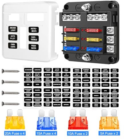 Porte-fusibles plat à 6 voies 12 V - Boîte à fusibles étanche avec 30 fusibles et indicateur LED pour voiture, bateau, van, SUV, camion