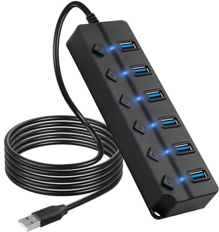 CERRXIAN USB Hub, 7Port USB Hub Splitter with Individual On/Off LED Switches 6.6ft/2m Long Cable, Multi Port Expander, Fast Data Transfer USB Splitter for Laptop, PC,Mobile HDD (USBA2.0-7Port)