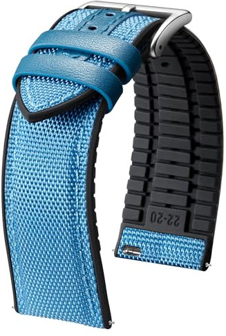 BINLUN Bracelets de Montre en Nylon Silicone Dégagement Rapide Bracelet Montre Remplacement Hybride Toile Caoutchouc Pour Hommes Femmes 9 Couleurs (Bleu/Boucle Argent,22mm)
