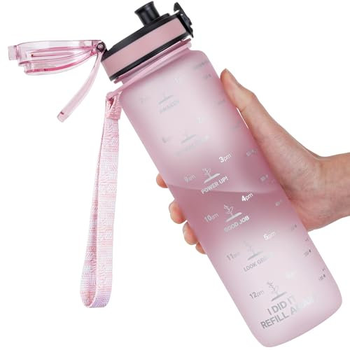 GOPPUS 1000ML/32OZ Tritan Water Bottle 1 Litre Leakproof Drink Bottle with Measurements Sport Bottles with Lockable Flip Top Motivational Bottles with Time Marks for School Adults Cycling Men Women