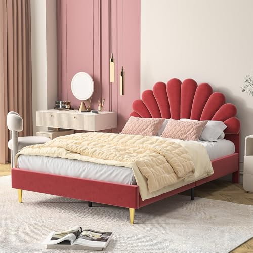 RWUDV Polsterbett 140 x 200 cm, Weinrot Kinderbett mit Blütenblatt-Kopfteil, modernes Doppelbett, Mädchenbett aus Samt mit Lattenrostkissen aus Massivholz für Schlafzimmer