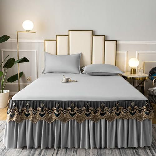 AMDXD Cache-sommier 180 x 200 cm avec 2 taies d'oreiller - 3 pièces - Dentelle brodée - Avec volants et volants - En coton - Gris clair - Pour lit à sommier tapissier