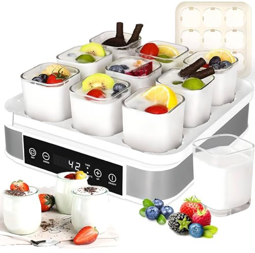 YLANMEI Yogurtera automática con Control de Temperatura y Tiempo Ajustables, 9 frascos de Vidrio, Yogurtera Digital automática