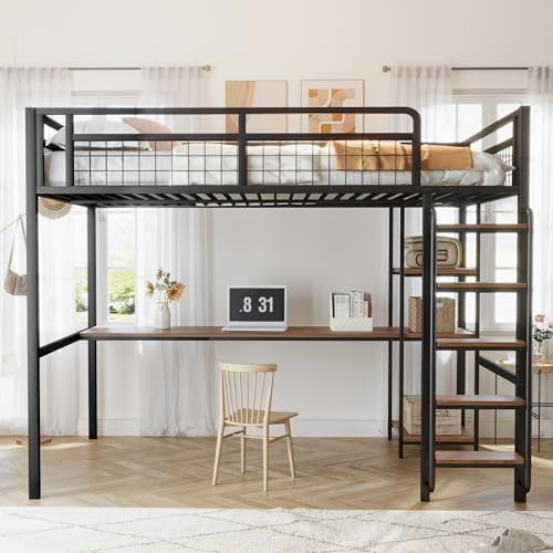 Ball & Cast Metall-Hochbett 140 * 200 cm, Sicherheitsleiter mit Treppe, Kinderbett mit Tisch und Regal, Jugendbett Erwachsenenbett, Metallgitter-Sicherheitszaun, Schwarz