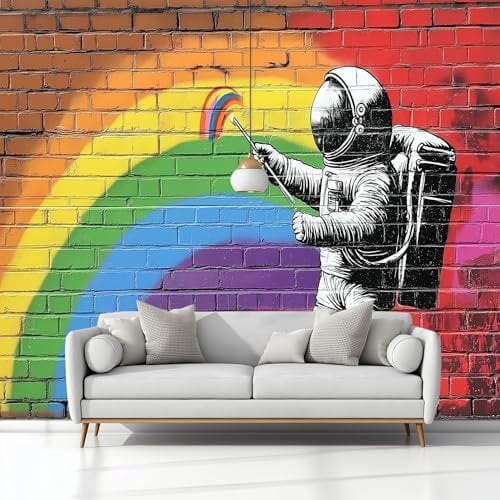 Fototapete Astronaut Ziegelmauer Regenbogen 400x280 cm, Vlies Tapeten Farbe, Moderne Wandtapete Wohnzimmer Schlafzimmer Effekt Wand Dekoration