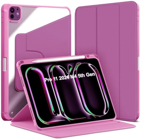 World biz Schutzhülle für iPad Pro 11 2024 M4 5. Generation (A2836 A2837 A3006) mit Stifthalter, 360 Grad drehbar, dreifach faltbar, transparente Rückseite, automatische Wake/Sleep-Funktion, Violett