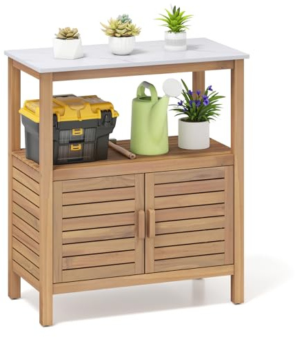 TANGZON Garden Potting Table, Solid Acacia Wood Planting Workstation with Resin Tabletop, Shelf & 2-Door Cabinet, Potting Work Bench for Garden, Balcony, Backyard, Natural