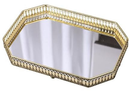MAISON DE BUCKS Crystal Mirror Vanity Tray - 9.8 Round Silver Decorative Tray for Dresser, Bathroom, Kitchen (Gold - Octagonal)