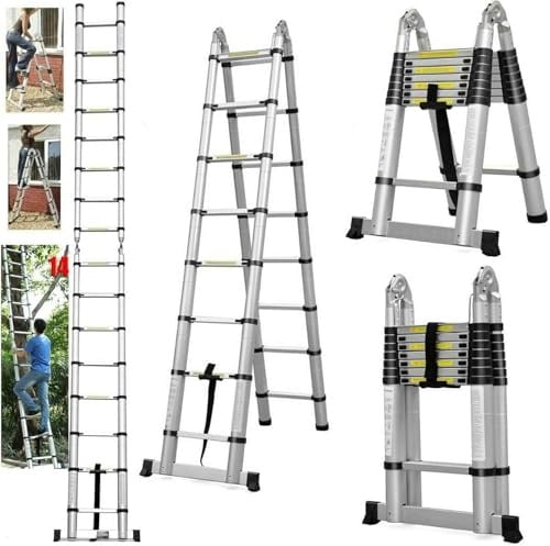 Teleskopleiter Klappleiter Aluminium, 5M (2,5 + 2,5 m) Ausziehbare Leiter, Rutschfester Aluleiter Stehleiter Mehrzweckleiter Aluminiumleiter, Teleskop Ausziehleiter 150kg Belastbarkeit