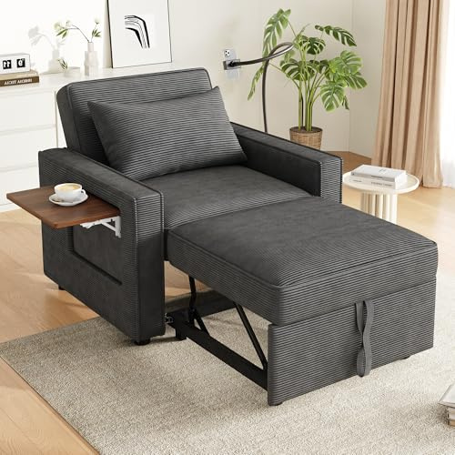 Kebnor Multifunktionales faltbares Schlafsofa mit USB-Ladeanschluss und Handyhalter, 1-Sitzer Relaxsessel Sofa Bett umwandelbar, platzsparend für Wohnzimmer und Schlafzimmer, Cord Stoff (Gray)
