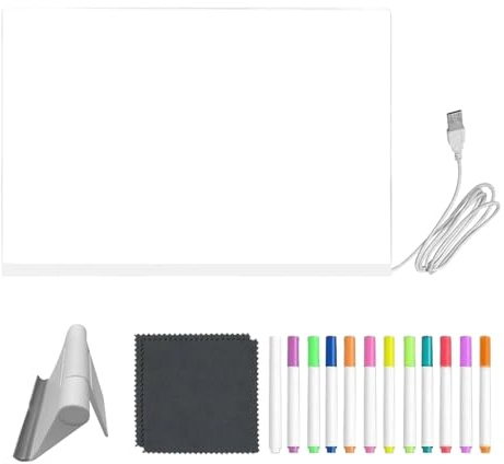 LED Nachrichtentafel,Durchsichtige Acryl Pinnwand Whiteboard | mit 12-farbigen Stiften und verstellbarem Klappständer LED Trockenlöschtafel - für Erwachsene und Jugendliche Geburtstag Zeichnen Malen