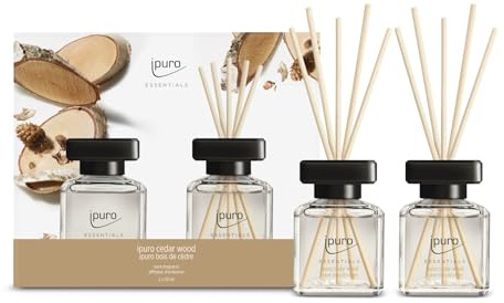 ipuro - Essentials CEDAR WOOD Raumduft - Geschenkset 2x50ml - Raumerfrischer mit Orange, Zitrone, Rosmarin, Ylang Ylang, Sandelholz & Vanille Duft - Diffuser mit Stäbchen - Lufterfrischer Zuhause