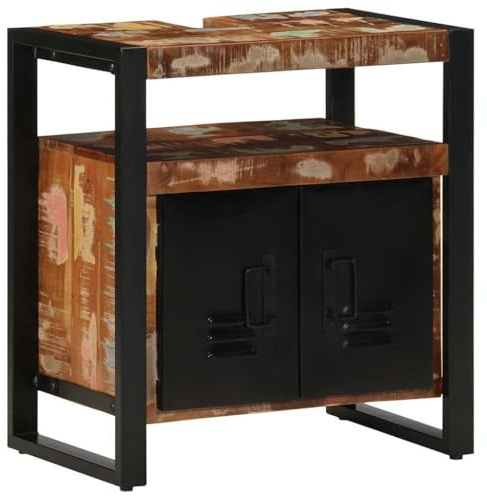 HaoChrymec Meuble sous Vasque en Bois Massif De Récupération avec Structure en Fer, Meubles Salle de Bains Meuble Vasque Salle De Bain Meuble sous Lavabo Salle De Bain, Design Industriel, 55x35x60cm
