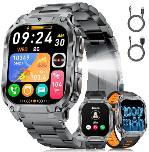 Militaire Montre Connectée Homme, Appel Bluetooth, 2.0 HD Grand Écran Smartwatch avec Torche LED/Batterie 1000mAh/Fitness Tracker/100+ Modes Sportifs, 2 Câbles de Chargement, Android iOS, Noir-orange