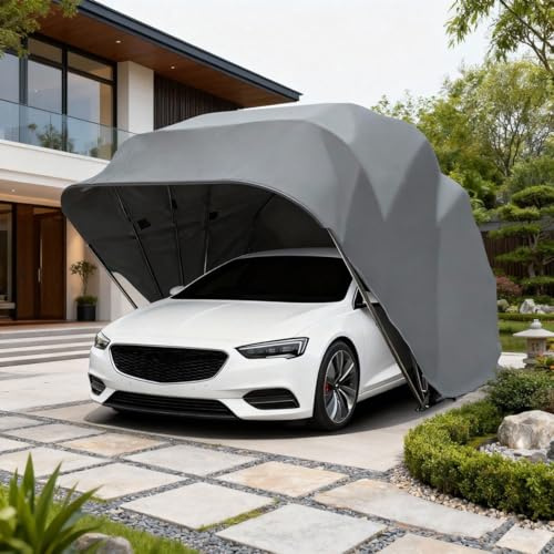 Carport aus Edelstahl, Autounterstand, wetterfestes, Robustes Carport, faltbares Autozelt mit Verriegelungsschnalle, Schneeschutz-Autoabdeckung für den Außenbereich, Grau(5.9 * 2.7 * 2.5M)