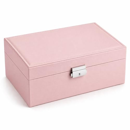 Top Sale Jewellery Box for Women Pink with Lock – Luxury Velvet PU Leather Organiser with Removable Tray Necklace Hooks Ring Storage Travel Case Gift for Her 23 x 17 x 9 cm