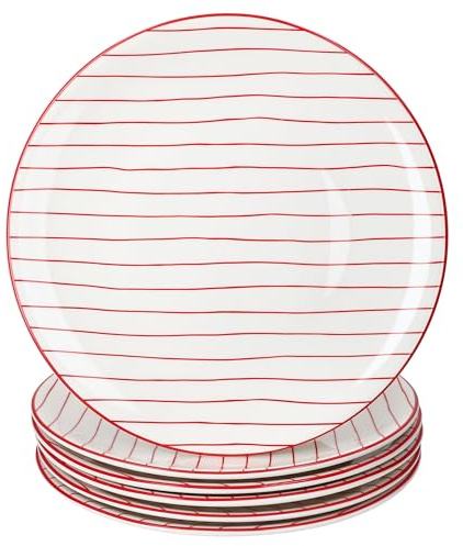 MamboCat 6er Set Speiseteller Rot gestreift I Ø25,2cm I Steingut I weiß große Teller mit roten Linien I Essteller für Hauptmahlzeiten, zum Grillen | Frühstück, Mittag & Abendbrot