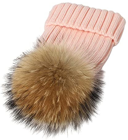 feifanshop Damen Echtfell Waschbär Fell Pelz Bommel Strick Mütze Winter-Mütze Bommelmütze