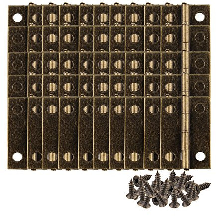 HALJIA 50 Stück Mini-Scharniere aus Bronze, Antik-Look, für Schrank, Schublade, Kiste, Scharniere, Verbinder, dekorative 2,4 x 1,6 cm, Schnappschloss mit 200 Ersatzschrauben