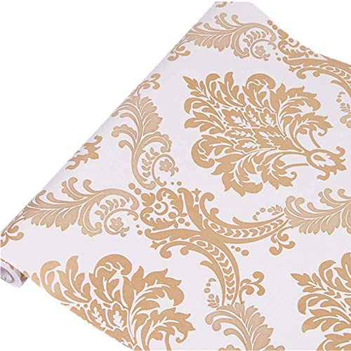 Lependor 17.71 X 118 Luxury Gold Damask Peel and Stick Wallpaper Removable Printed Stick Wall Paper Decorative Self Adhesive Shelf Drawer Liner Roll - 17.71 X 9.8 ft, Gold Damask
