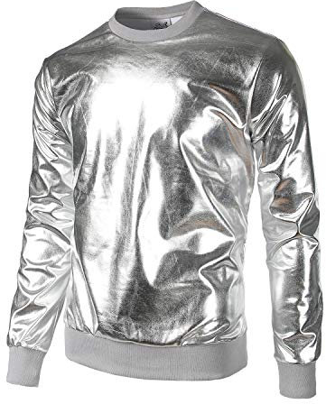 JOGAL Herren Metallic Gold Disco Shirts Nachtklub Style Hoodies Medium Silber